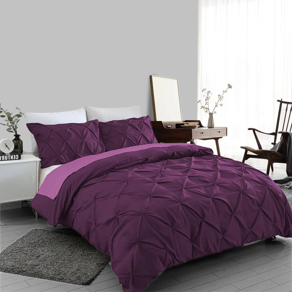 Plum Pin tuck Duvet Cover 100% Cotton Bedding Sets Single Double King Super King Sizes