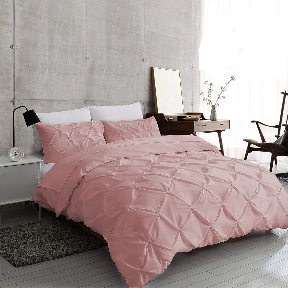 Dusky Pink Pintuck Duvet Cover with Pillow Cases 100% Cotton Sets Double King Super King Sizes