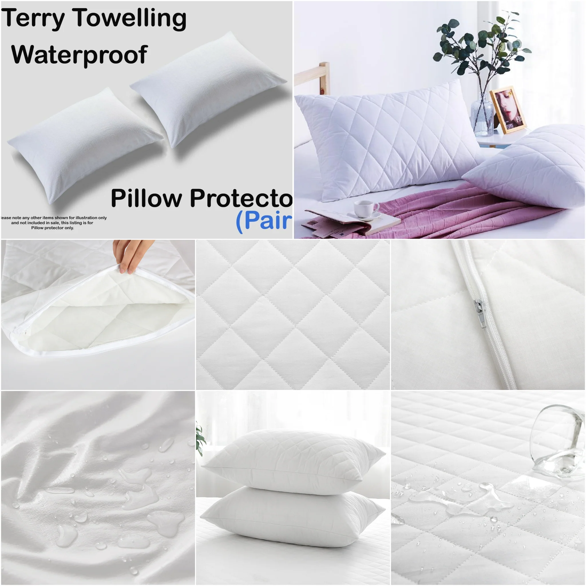 Pack of 2 Waterproof Quilted Pillow Protectors 100% Cotton