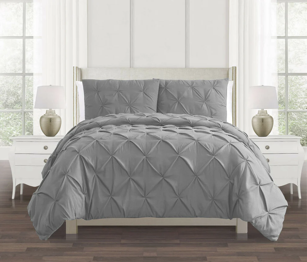 Silver Grey Pin tuck Duvet Cover 100% Cotton Covers Bedding Set Double King Super King Bed Size